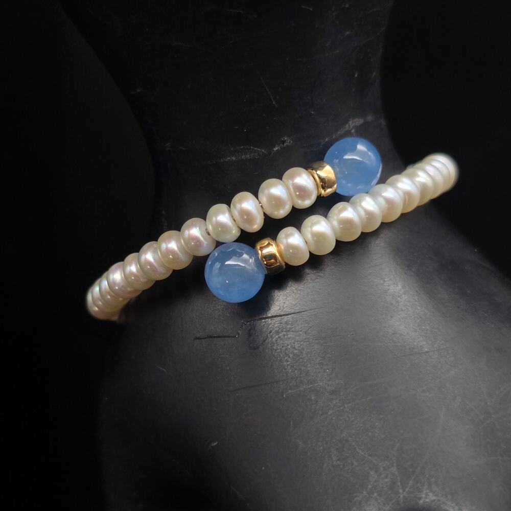 Cultured Pearl Wrap By Pass Bracelet Blue Bead Tips
